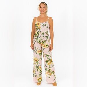 BOG Collective | Tropical Floral Print Bustier Jumpsuit in Pink Green and Yellow